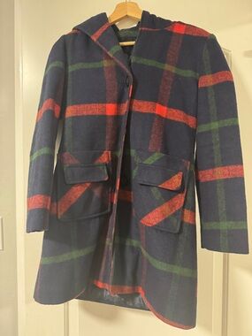 Womens Navy Plaid Hooded Wool-Blend Coat with Red & Green Accents